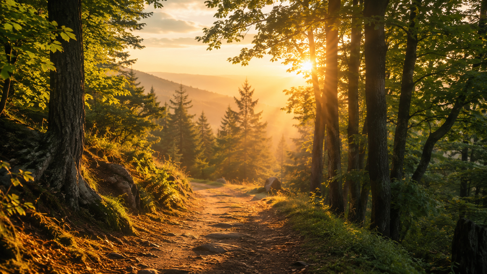 Un sentiero nel bosco illuminato dalla luce dell'alba, simbolo di un nuovo cammino interiore
