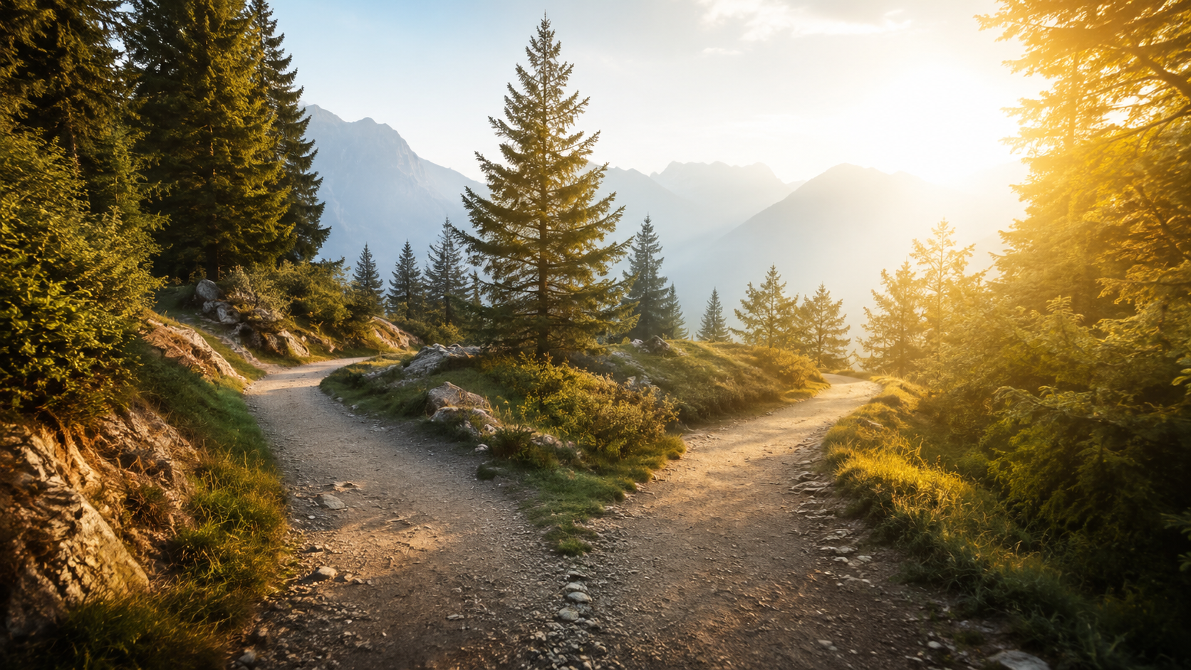 Un bivio su un sentiero di montagna illuminato dal sole del mattino, simbolo delle scelte che disegnano il futuro